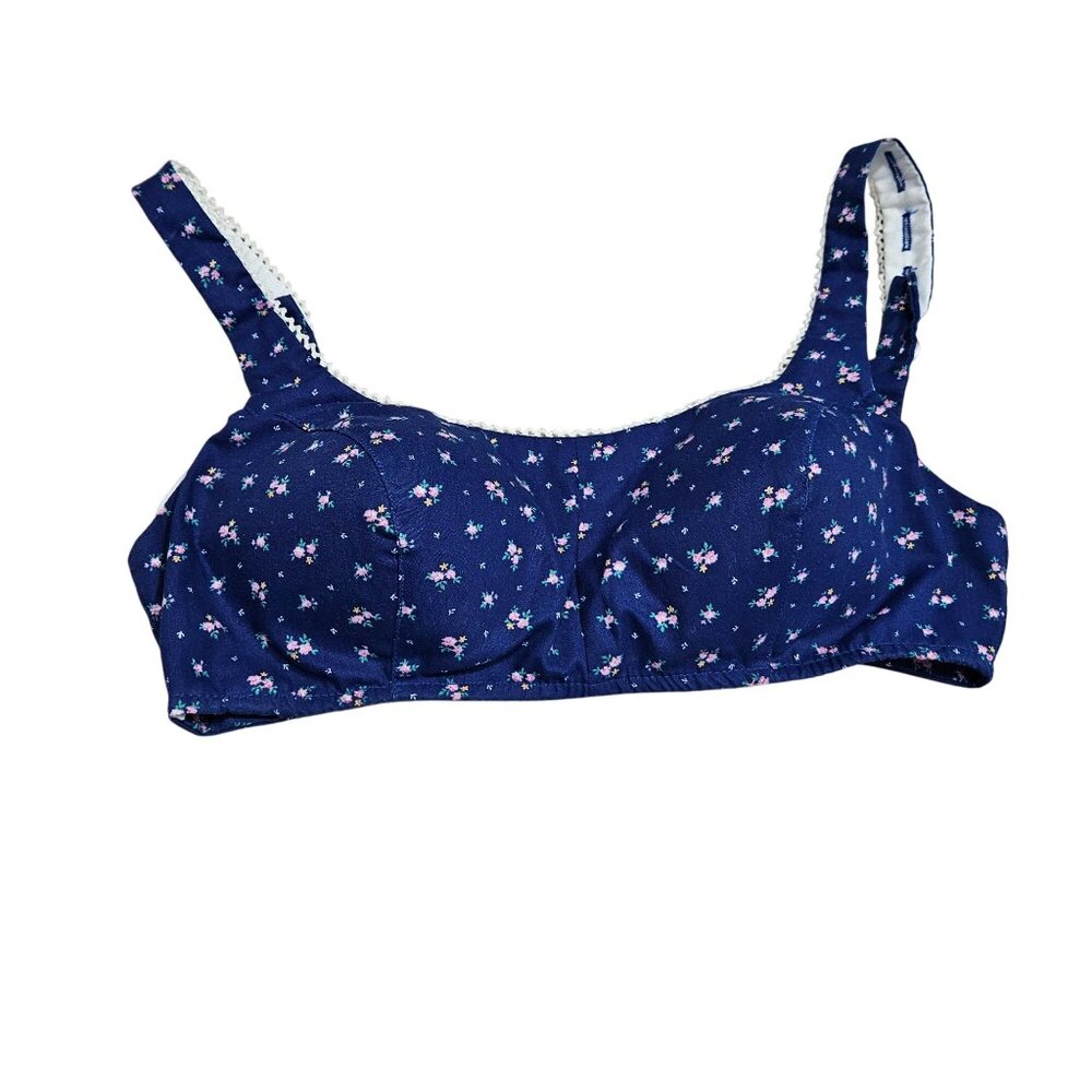 Vintage 70s Blue Floral‎ Cotton Womens Bra White Lace Trim Button Molded Cups 12
